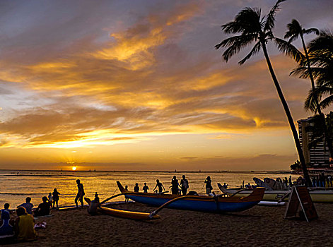 怀基基海滩,日落,夏威夷,美国