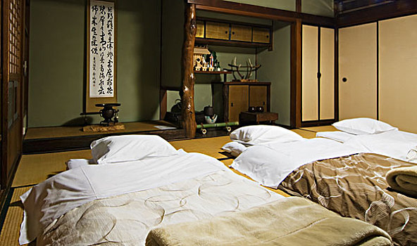 三个,床,就绪,夜晚,传统,日本人,家,奈良,日本