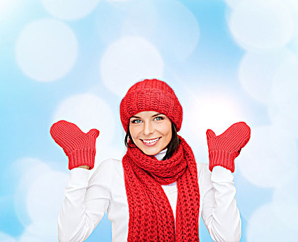 高兴,寒假,圣诞节,人,概念,微笑,少妇,红色,帽子,围巾,连指手套,上方,蓝色,背景