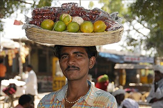 肖像,街头摊贩,靠近,乌代浦尔,拉贾斯坦邦,北印度,亚洲