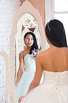 照镜子的美丽新娘