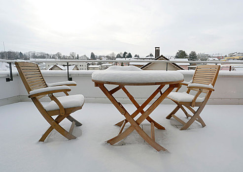 两个,积雪,椅子,桌子,平台,克鲁泽林根,瑟尔高,瑞士,欧洲