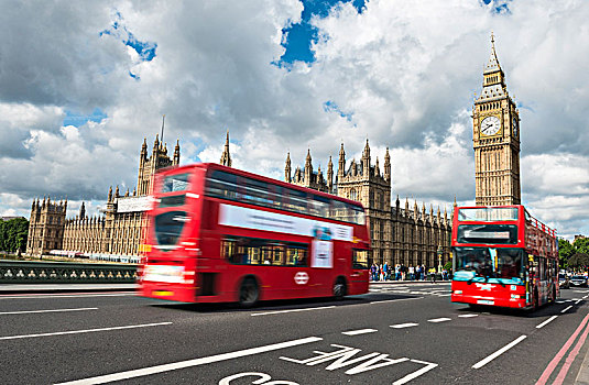 两个,红色,双层汽车,威斯敏斯特桥,动感,威斯敏斯特宫,大本钟,伦敦,英格兰,英国