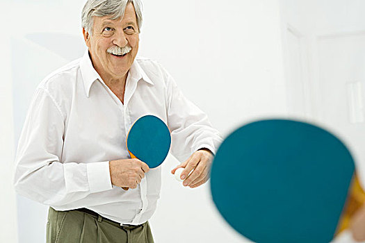 老人,玩,乒乓球,微笑