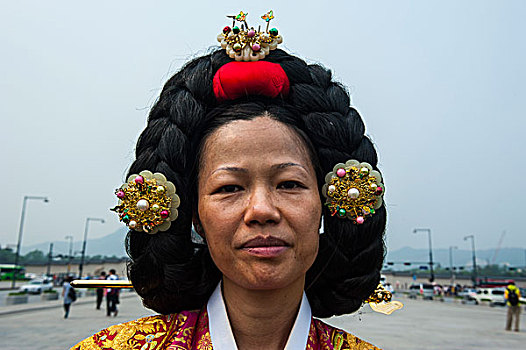 传统,衣服,女人,特别,发型,景福宫,首尔,韩国