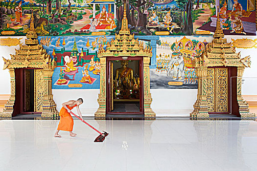 老挝,万象,和尚,清洁,地面,入口,庙宇
