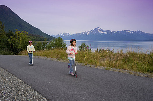 两个女孩,乘,景色,特纳甘湾,阿拉斯加