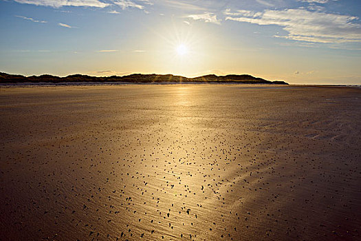 太阳,反射,沙滩,退潮,北海,日出,诺森伯兰郡,英格兰,英国