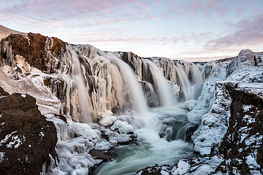 瀑布,冰,雪,冬天,日落,北方,冰岛,欧洲