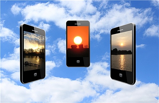 三个,手机,不同,日落