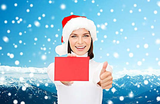 圣诞节,人,广告,销售,概念,高兴,女人,圣诞老人,帽子,留白,红牌,展示,竖大拇指,手势,上方,雪山,背景