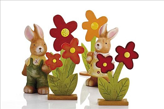 两个,复活节兔子,装饰,木质,花