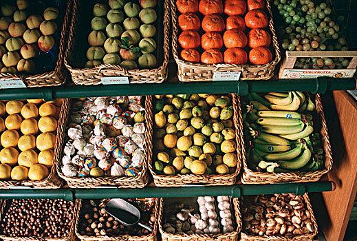 许多,篮子,新鲜,水果,坚果,市场