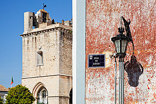 灯光,侧面,建筑,钟楼,法若,阿尔加维,葡萄牙