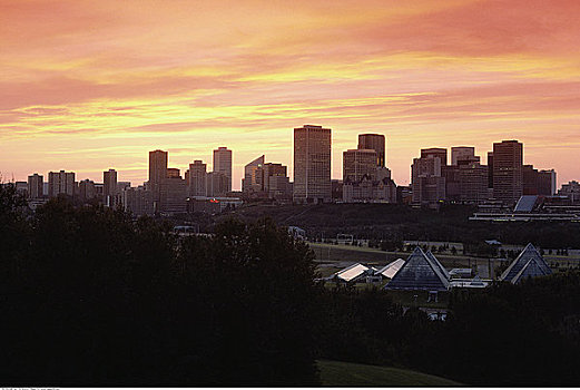 城市天际线,日落,艾伯塔省,加拿大
