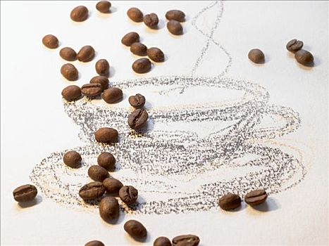 咖啡豆,绘画,咖啡杯,碟