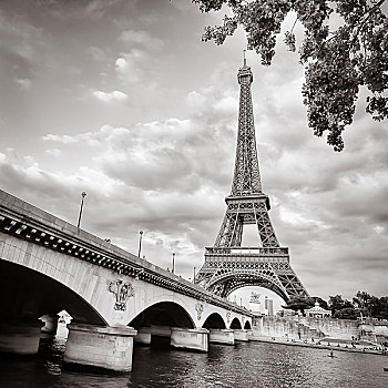 埃菲尔铁塔,单色调,风景,河,桥