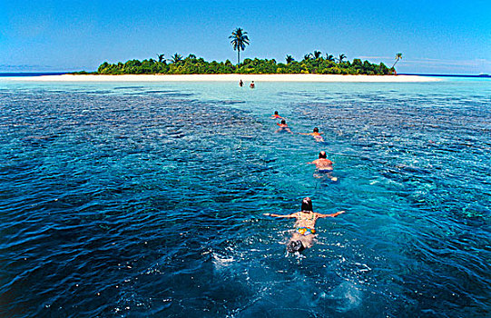 通气管,游泳,无人,岛屿,青绿色,泻湖,珊瑚,阿里环礁,马尔代夫,印度洋,亚洲