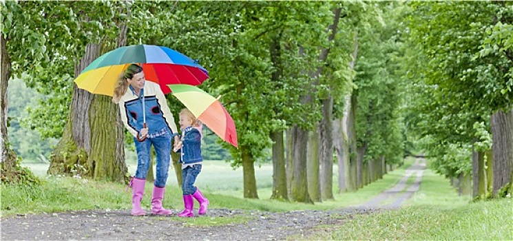 母亲,女儿,伞,小路
