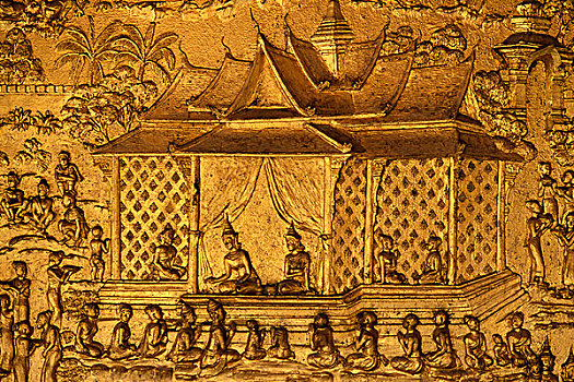 老挝,琅勃拉邦,庙宇,金色,浅浮雕