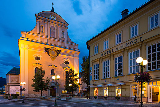 教堂,夜晚,坏,萨尔茨卡莫古特,奥地利,欧洲