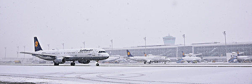汉莎航空公司,空中客车,飞机,下雪,慕尼黑机场,慕尼黑,上巴伐利亚,巴伐利亚,德国,欧洲