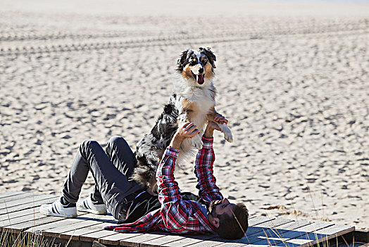 男人,躺着,海滩,木板路,玩,狗