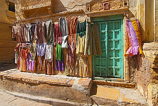 彩色,衣服,线条,街道,斋沙默尔,印度