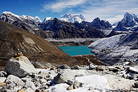 风景,戈克伊欧,湖,上方,冰河,珠穆朗玛峰,山丘,昆布,萨加玛塔国家公园,尼泊尔,亚洲