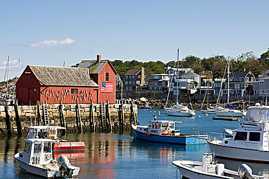 著名,红色,小屋,石头港,小,渔村,马萨诸塞,新英格兰,美国