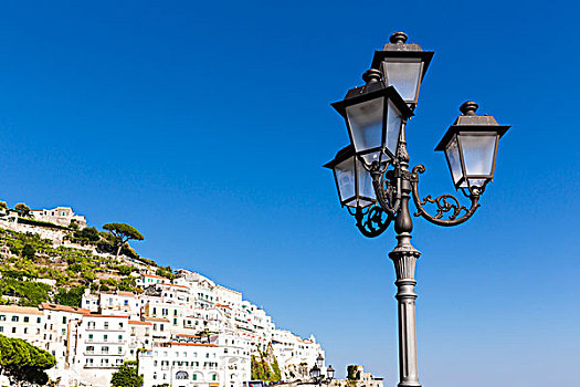 特写,灯柱,蓝天,城镇,阿马尔菲,背景,阿马尔菲海岸,意大利