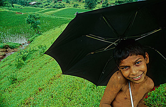 头像,孩子,享受,季风,雨,马哈拉施特拉邦,印度