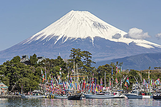 鱼,船,山,富士山,日本