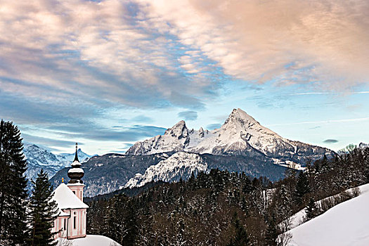 朝圣教堂,玛丽亚-格恩,冬天,瓦茨曼山,后面,地区,巴伐利亚,德国,欧洲
