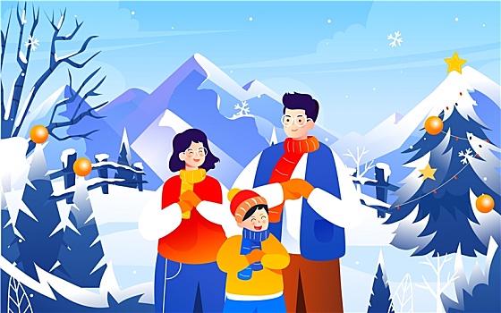 冬季一家人户外活动堆雪人玩耍运动矢量插画