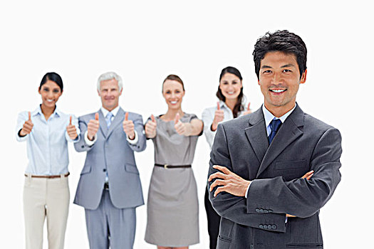 特写,企业团队,竖大拇指,微笑,亚洲,男人,手臂