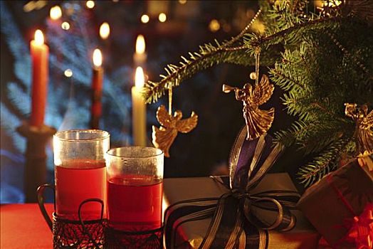 热饮,茶,燃烧,礼物,下方,枝条,圣诞树