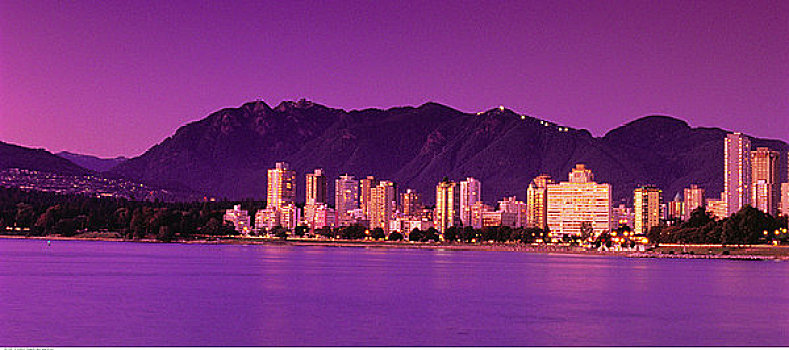 城市天际线,黄昏,温哥华,不列颠哥伦比亚省,加拿大