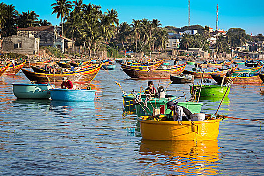 美尼,越南,二月,渔民,传统,小,渔船