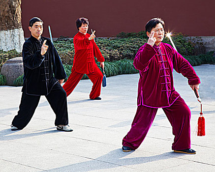 中国,杭州,女人,男人,早晨,练习,剑