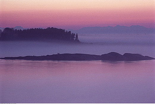 日落,雾,穿过,湖,曼尼托巴,加拿大