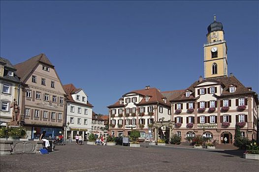 市政厅,行列,房子,教堂塔,巴登符腾堡,德国