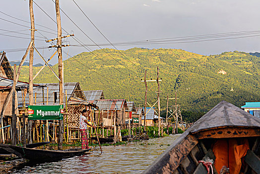 房子,运河,船,茵莱湖,掸邦,缅甸