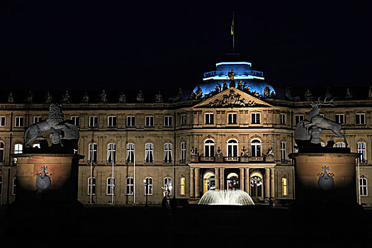 城堡,夜晚,斯图加特,巴登符腾堡,德国,欧洲