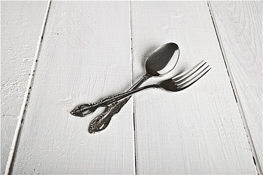 旧式,叉子,勺子,白色背景