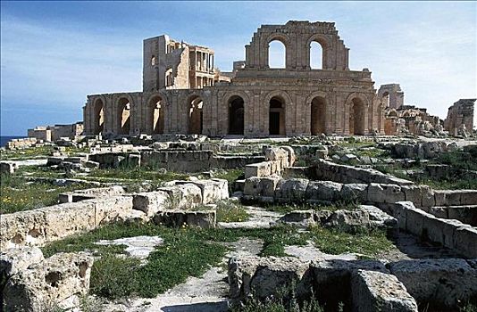 古老,罗马,遗址,建筑,正面,剧院,利比亚,非洲,发掘场