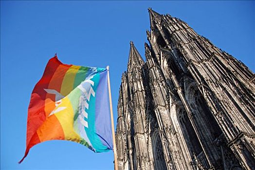 平和,旗帜,科隆大教堂,科隆,北莱茵威斯特伐利亚,德国,欧洲