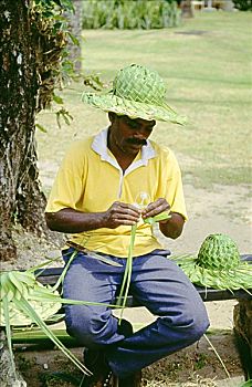 斐济,斐济人,男人,制作,帽子,棕榈叶