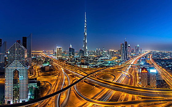 城市,迪拜,阿联酋,黄昏,哈利法,摩天大楼,光亮,公路,前景