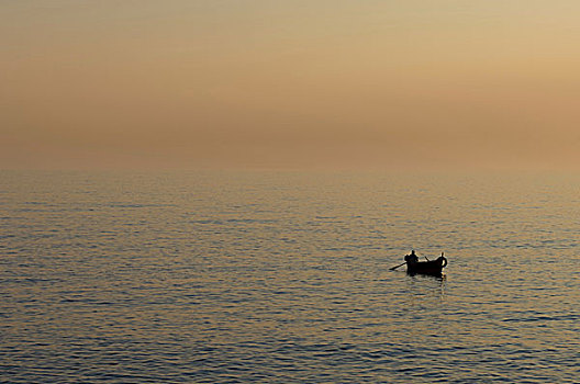 渔民,水上,日落,卡莫利,利古里亚,意大利